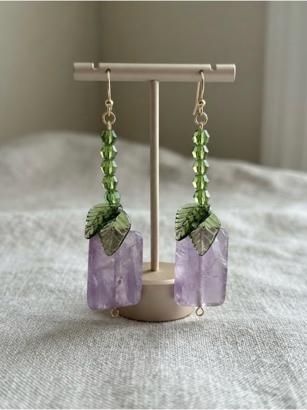 Handmade Green & Lavender Leaf Dangle Earrings